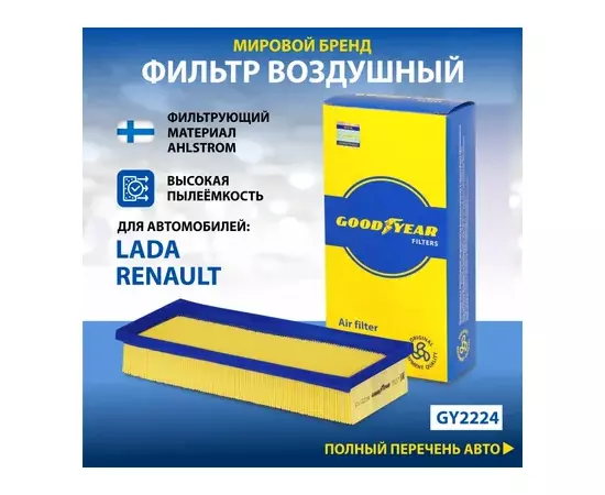 Фильтр воздушный автомобильный Goodyear GY2224 для а/м LADA: LARGUS (VAZ-K7M/11189), RENAULT: LOGAN