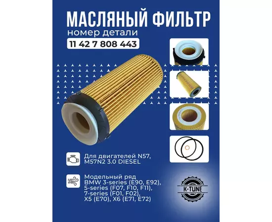Масляный фильтр K-Tune для BMW E70, E90, F01, F10 (БМВ Ф01, Ф10, Е70, Е90) 3.0D 11427808443