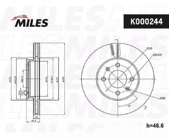 Диск тормозной MILES K000244 HYUNDAI ACCENT 05-/i20 08-/KIA RIO II 05- передний вент.