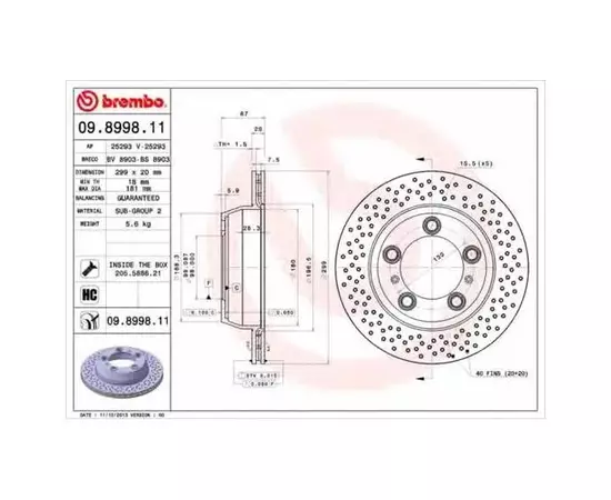 Тормозной диск задний Brembo 09899811 для Porsche 718 Boxster, 718 Cayman, Boxster, Cayman