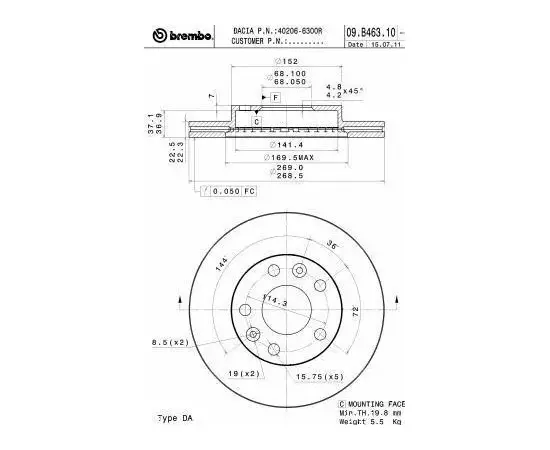 09B46310 Диск тормозной Brembo, передний, вентилируемый